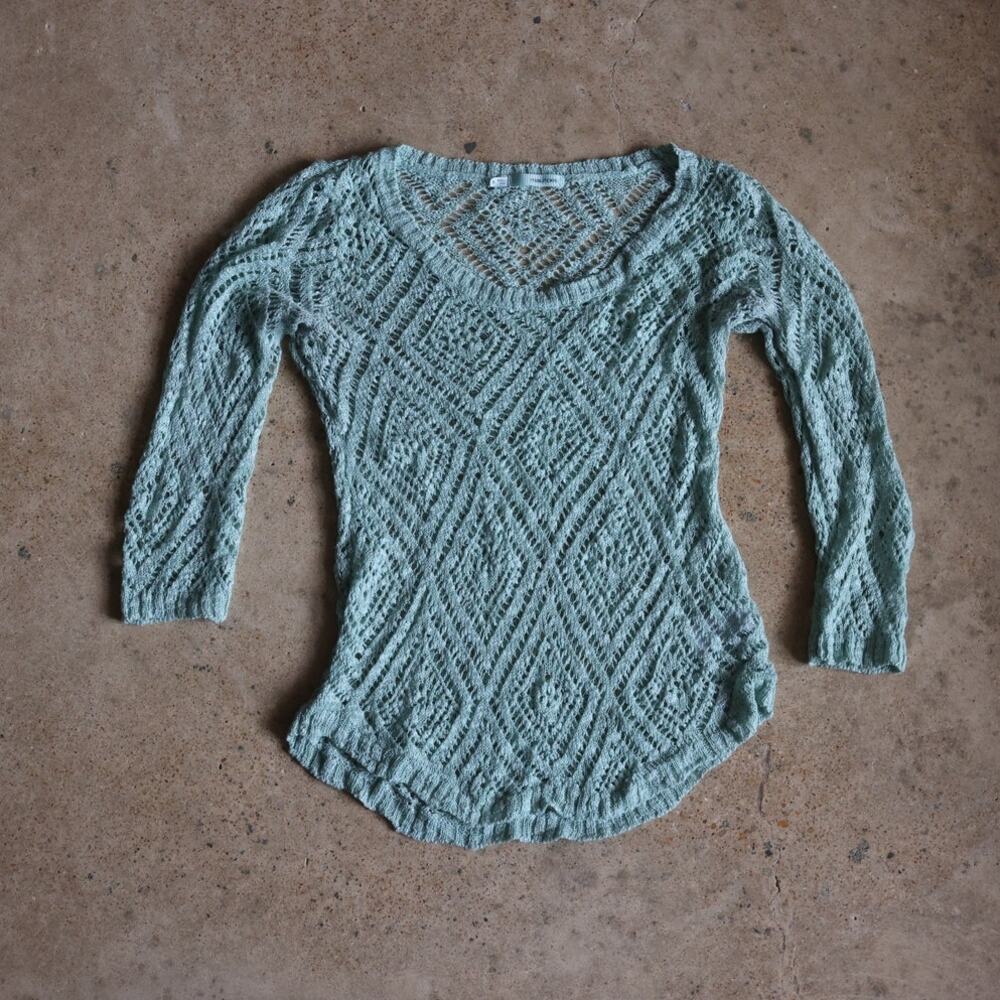 Y2K Turquoise Open Knit Sweater Fairycore Boho Crochet Top Size Small